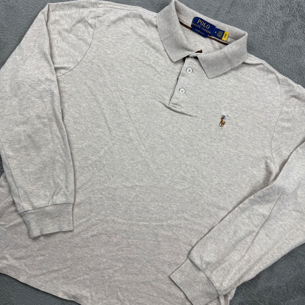 Polo Ralph Lauren Polo Shirt Mens M Oatmeal Grey Excellent Long Sleeve Classic
